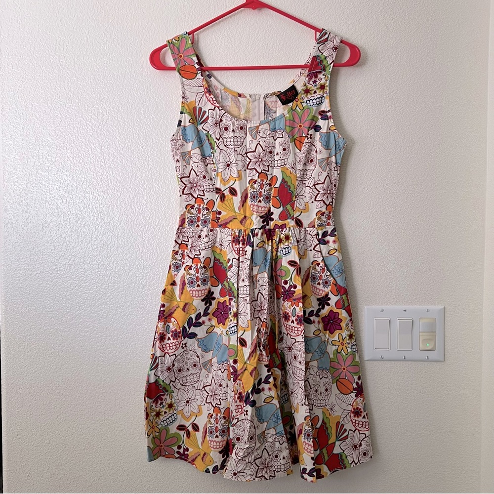 Rare FOLTER Flash Tattoo Day of the Dead Pattern Sleeveless Dress - Sz S - HTF